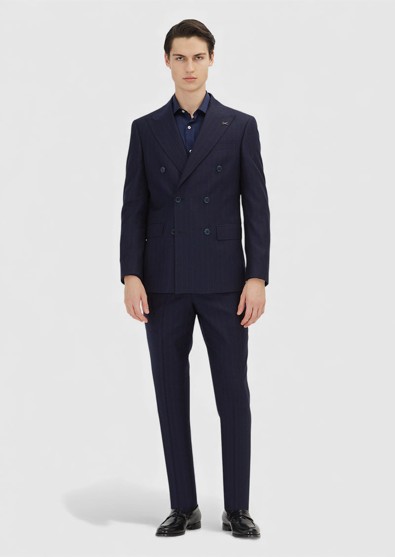 Lacivert Çizgili Zeroweight Slim Fit %100 Yün Takım Elbise