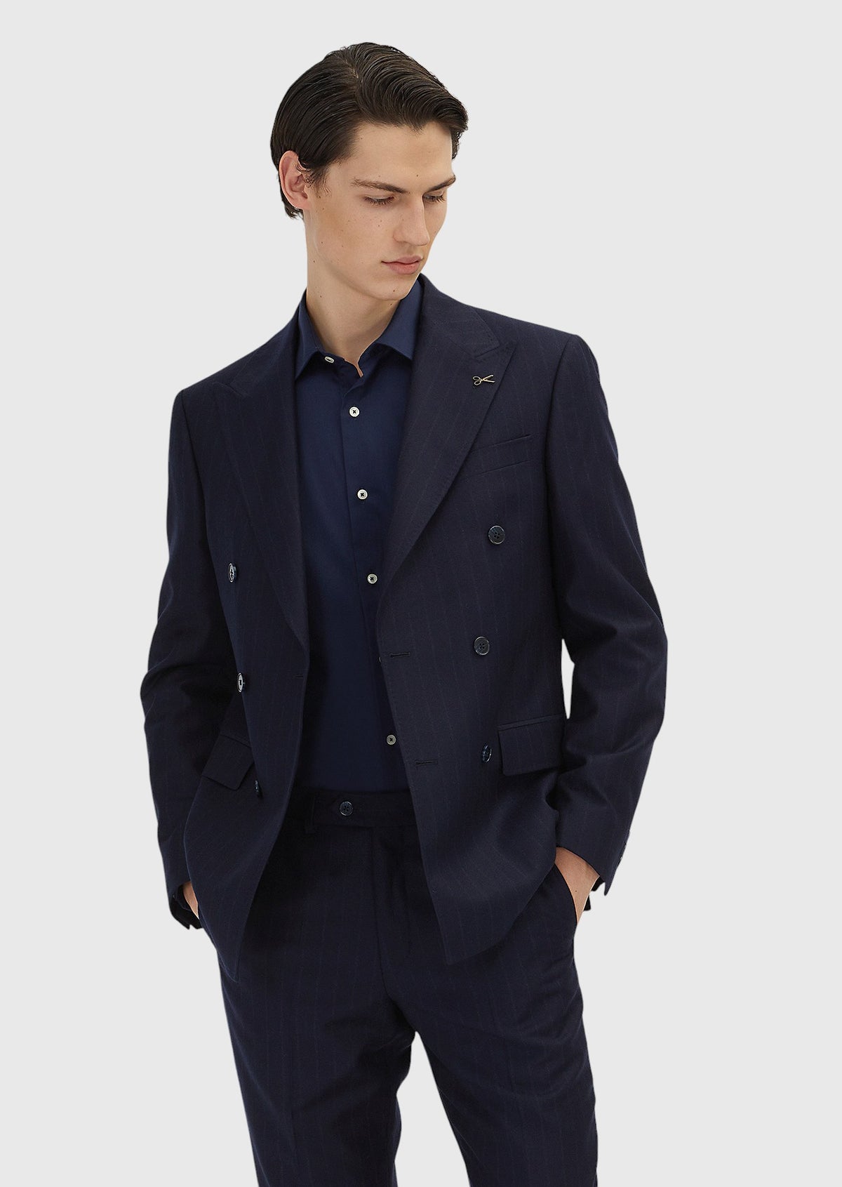 Lacivert Çizgili Zeroweight Slim Fit %100 Yün Takım Elbise