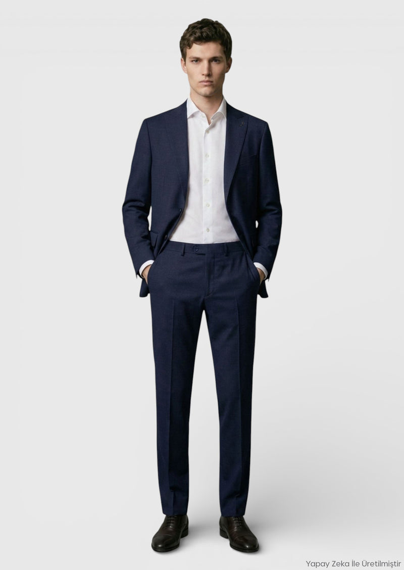 Lacivert Kareli Zeroweight Slim Fit %100 Yün Takım Elbise