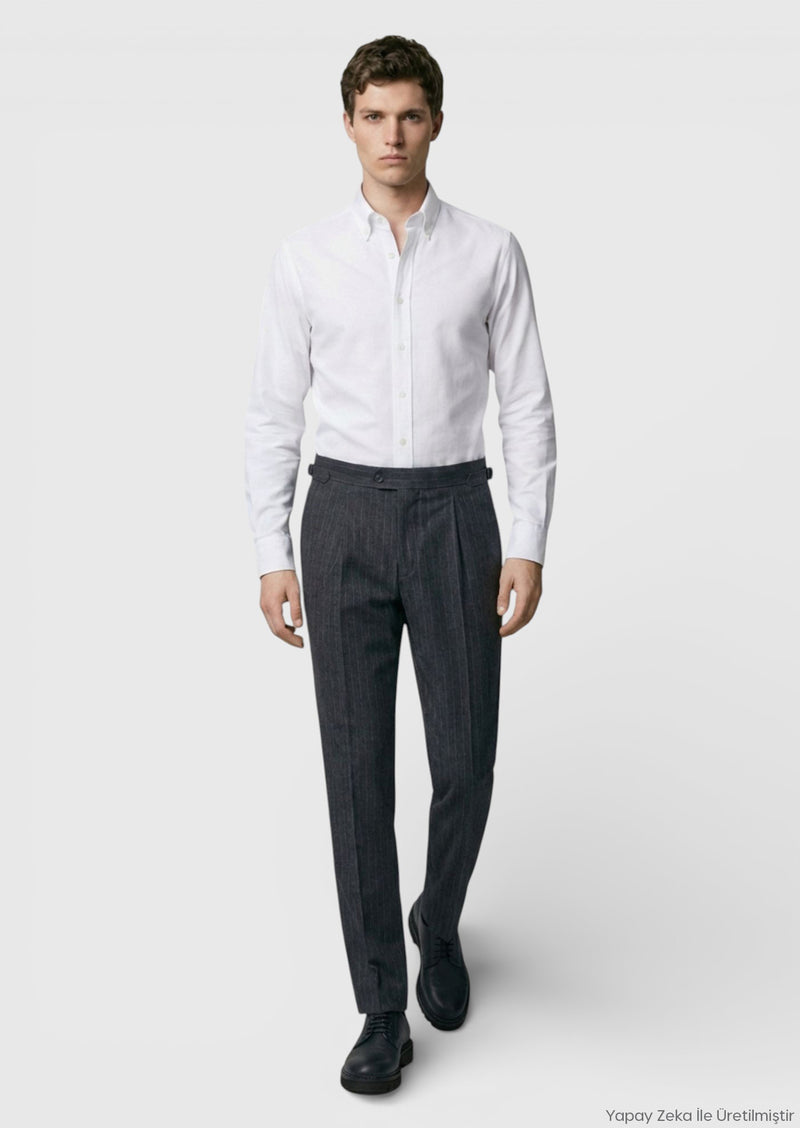 Antrasit Çizgili Dokuma Slim Fit Casual Yün Karışımlı Pantolon