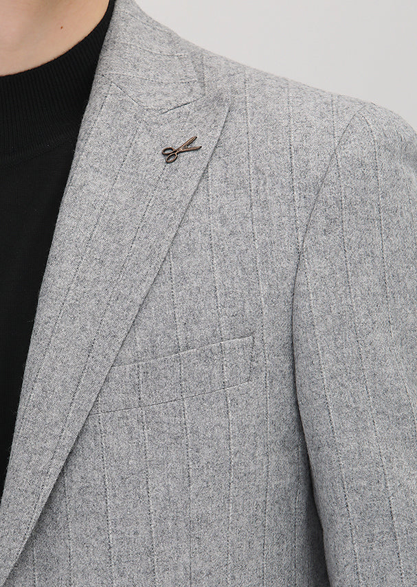 Gri Çizgili Shirt Shoulder Slim Fit Yün Karışımlı Ceket