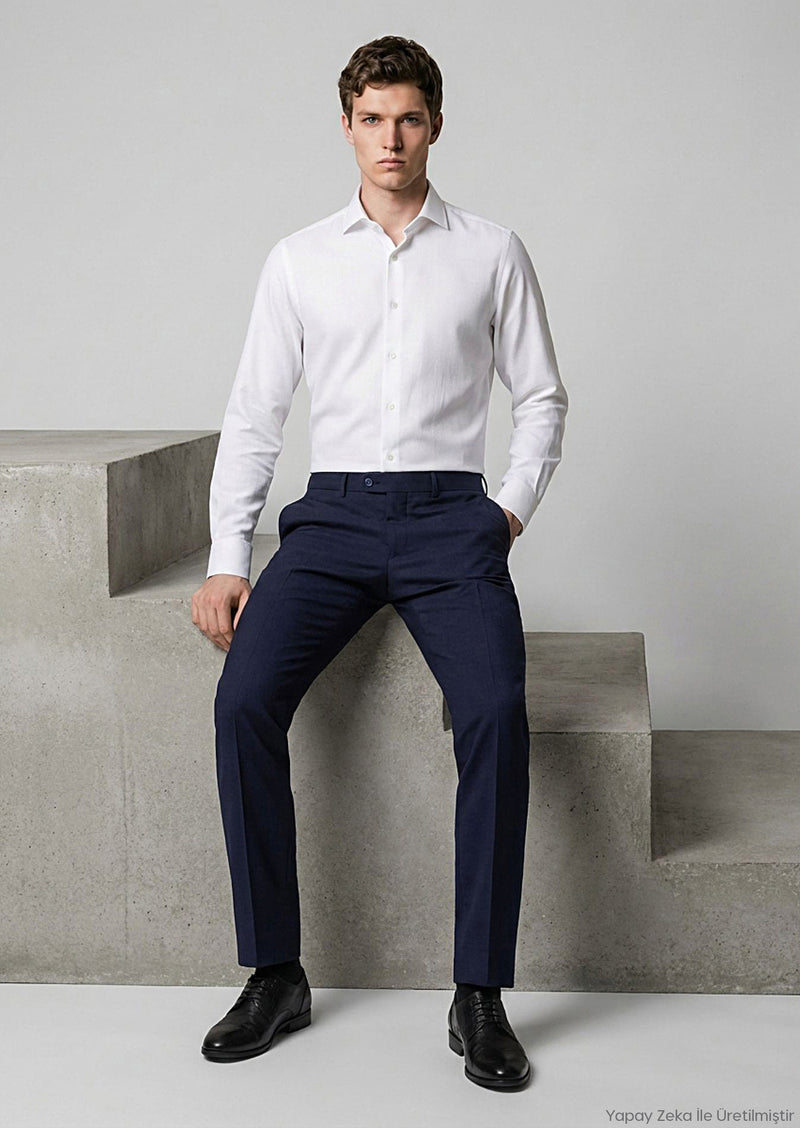 Lacivert Modern Fit Klasik Yün Karışımlı Pantolon