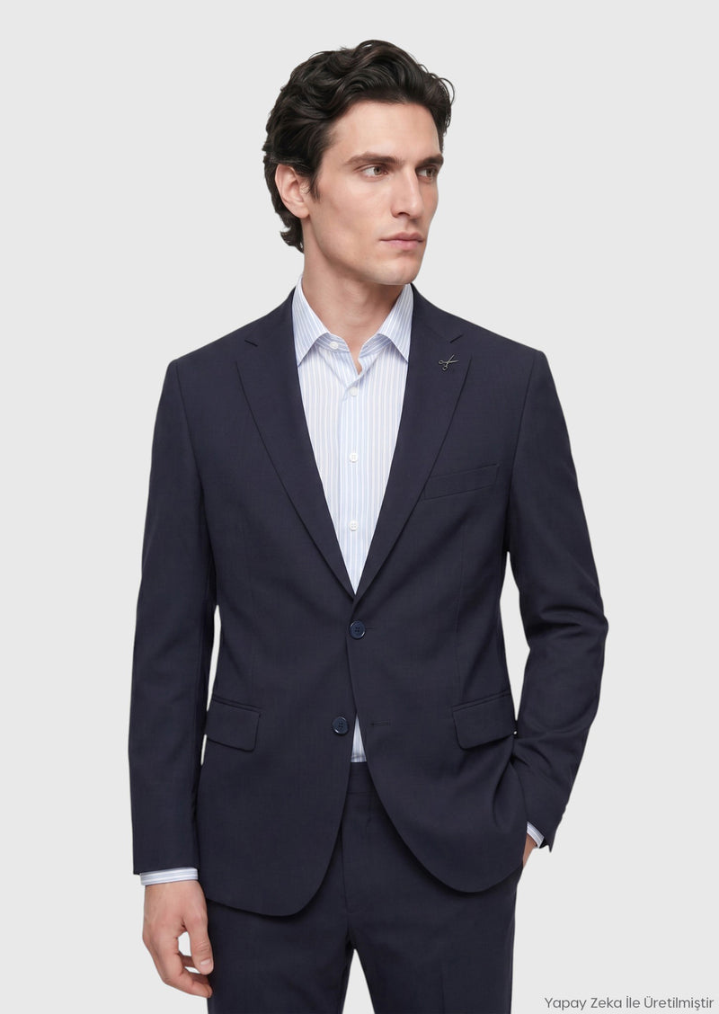 Lacivert Düz Regular Fit %100 Yün Takım Elbise