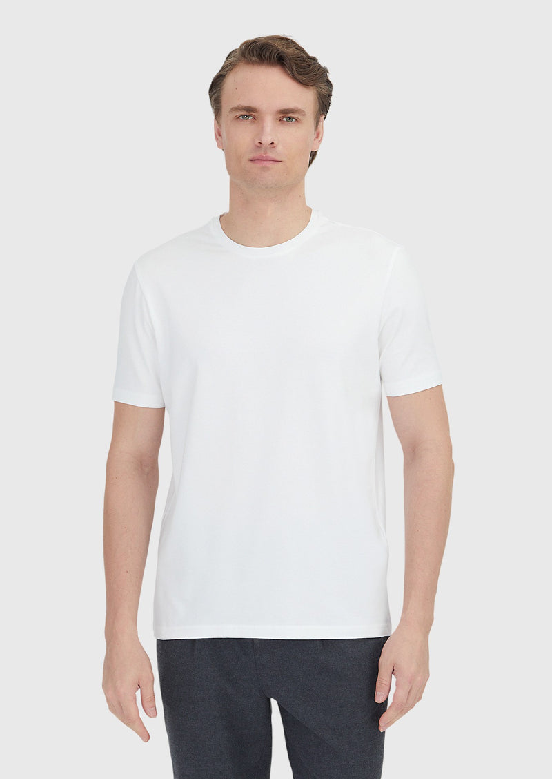 Beyaz Düz Bisiklet Yaka Pamuk Karışımlı T-Shirt