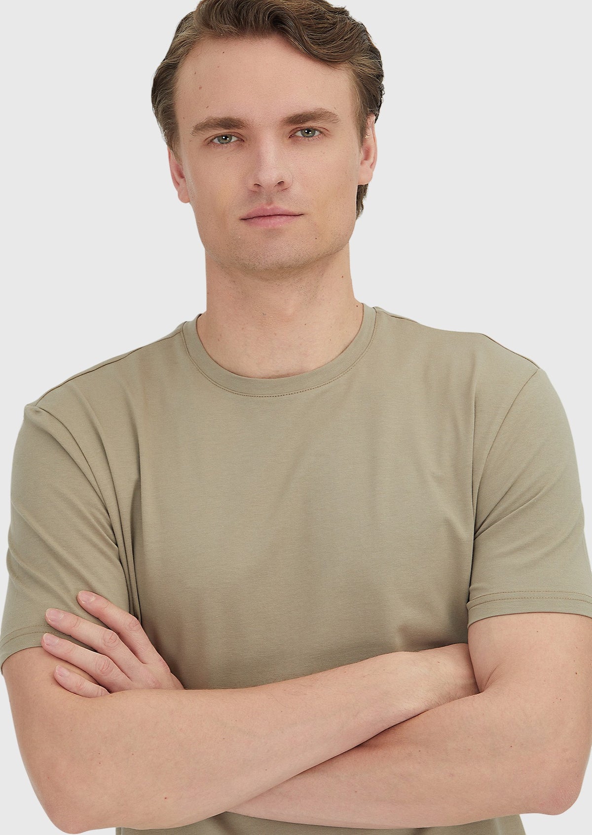 Deve Tüyü Düz Bisiklet Yaka Pamuk Karışımlı T-Shirt