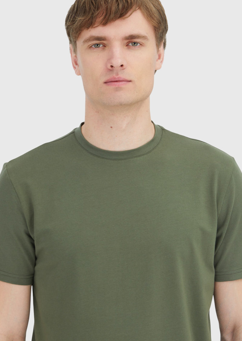 Haki Düz Bisiklet Yaka Pamuk Karışımlı T-Shirt
