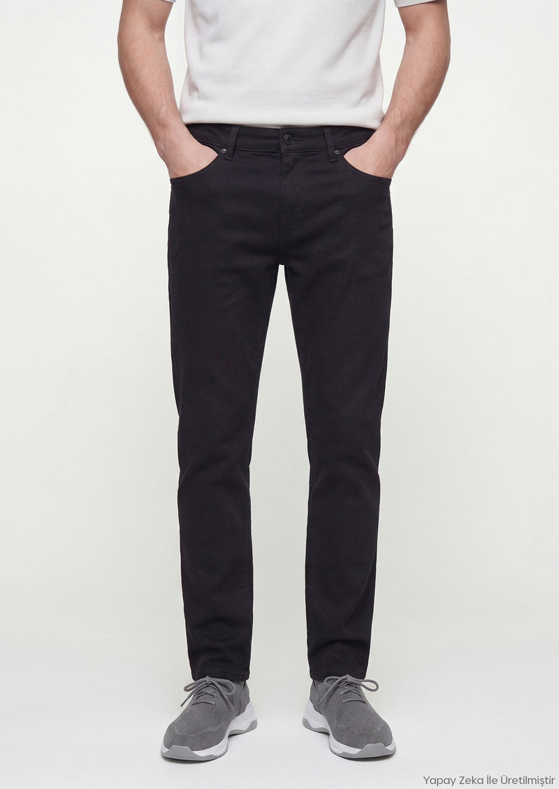 Siyah Düz Dokuma Slim Fit Casual Pamuk Karışımlı Pantolon