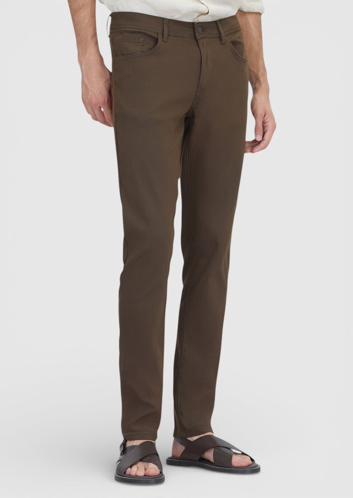 Kahverengi Düz Dokuma Slim Fit Casual Pamuk Karışımlı Pantolon