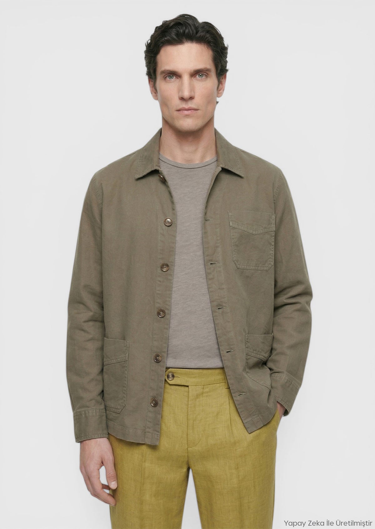 Haki Düz Casual Fit Uzun Dokuma Keten Karışımlı Overshırt