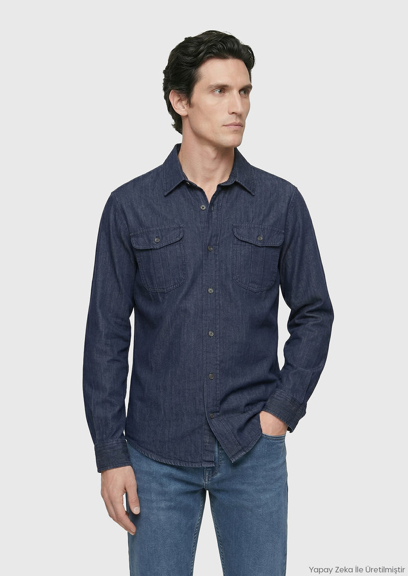 İndigo Düz Casual Fit Uzun Dokuma Casual Pamuk Karışımlı Gömlek