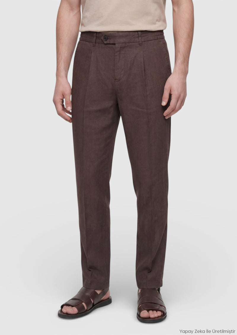 Kahverengi Düz Dokuma Jogging Fit Casual %100 Keten Pantolon