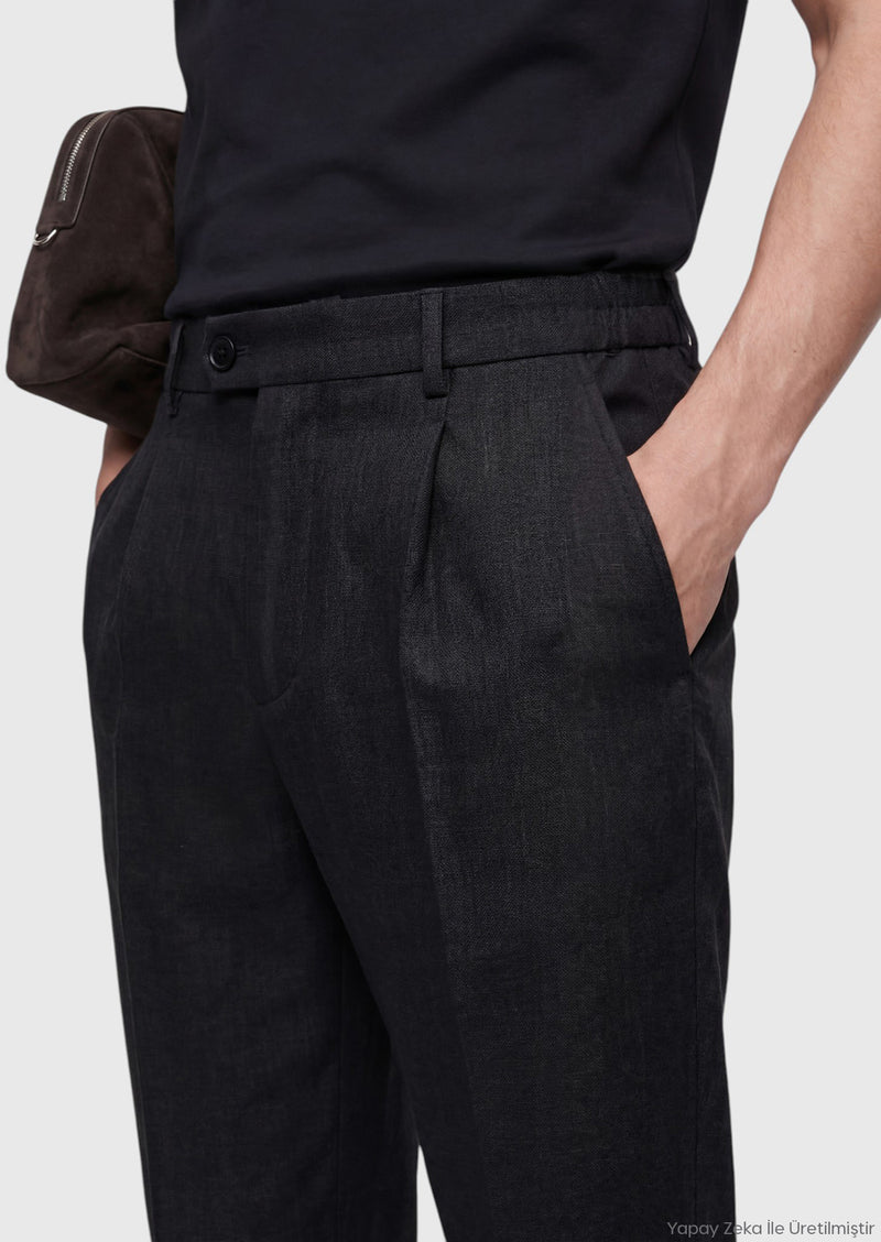 Siyah Düz Dokuma Jogging Fit Casual %100 Keten Pantolon