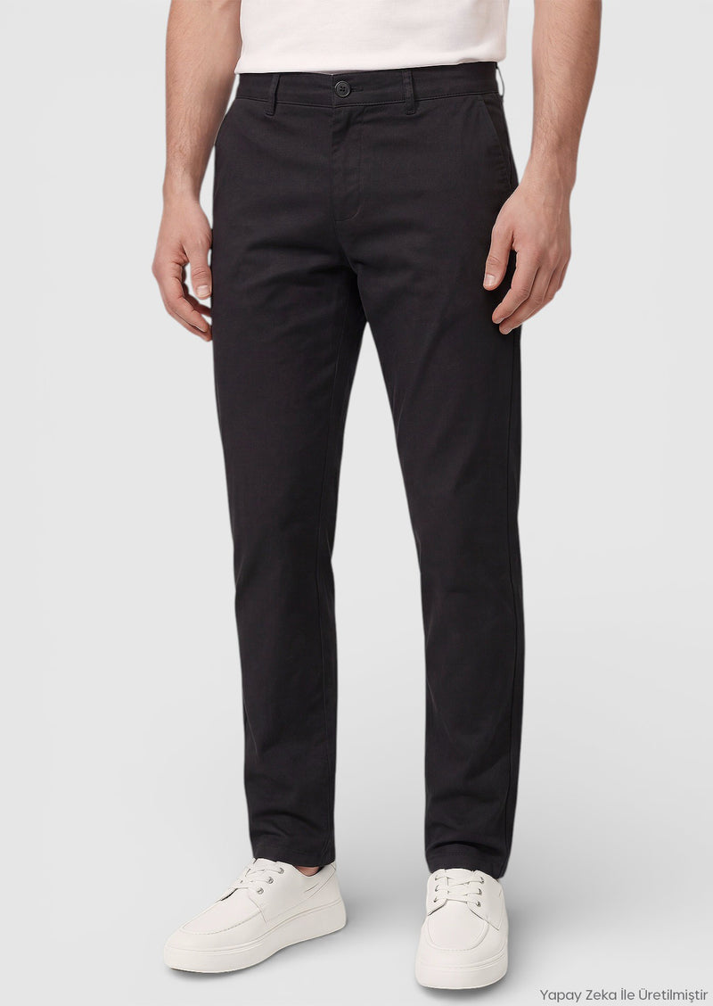 Siyah Düz Dokuma Regular Fit Casual Pamuk Karışımlı Pantolon