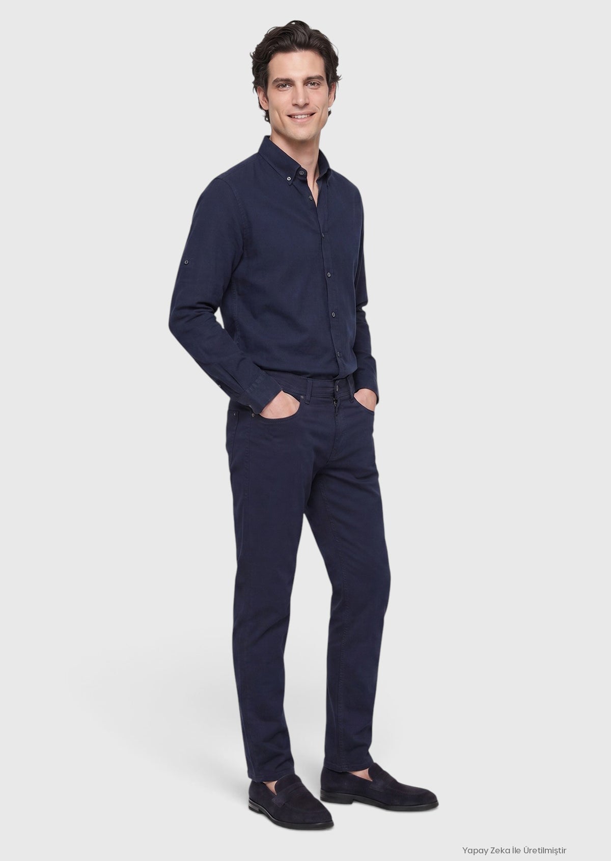 Lacivert Düz Dokuma Slim Fit Casual Pamuk Karışımlı Pantolon