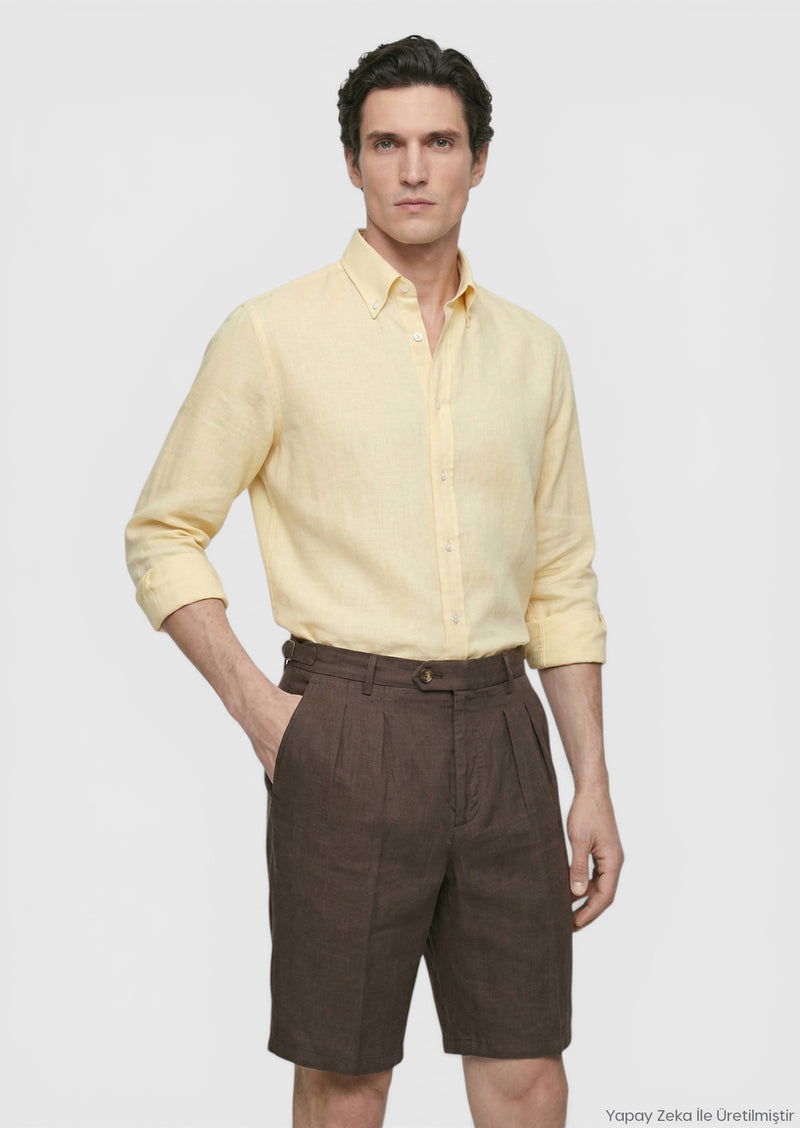 Kahverengi Düz Dokuma Carrot Fit Casual %100 Keten Bermuda