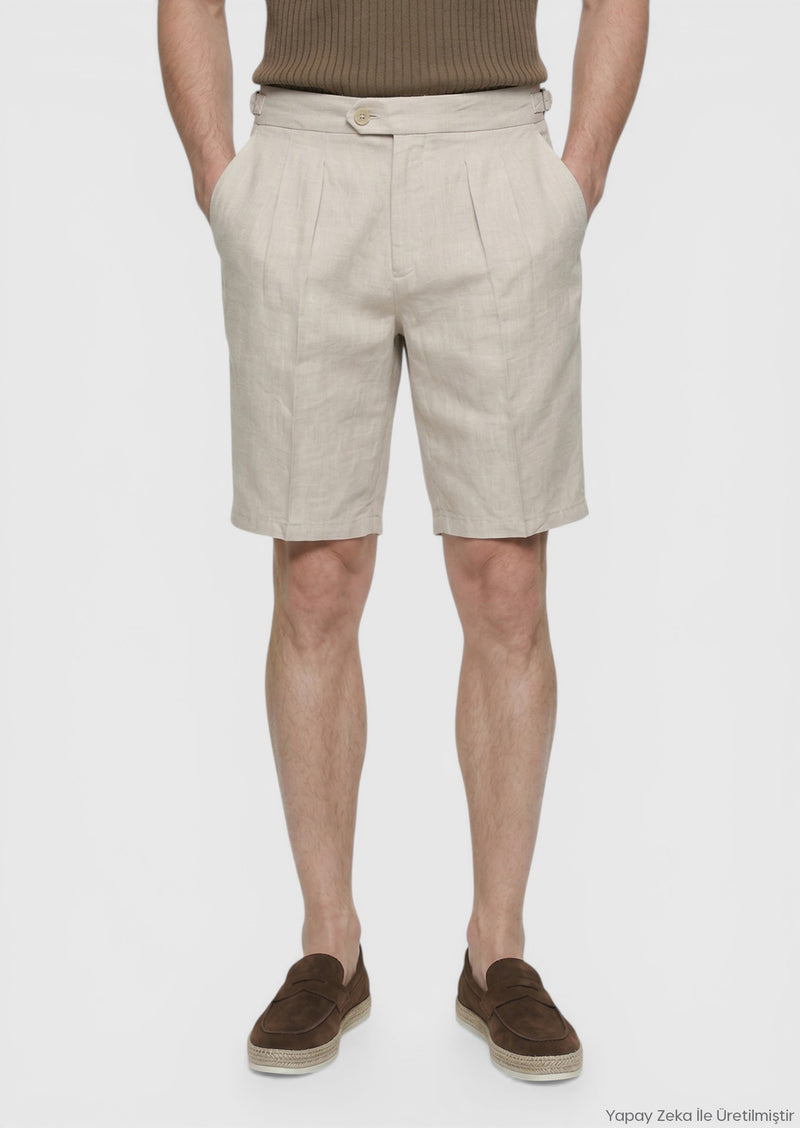 Bej Düz Dokuma Carrot Fit Casual %100 Keten Bermuda