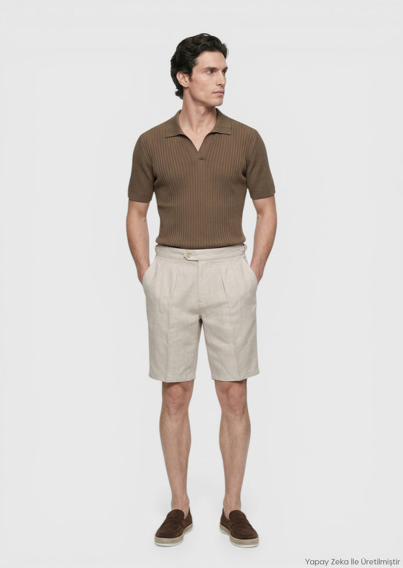 Bej Düz Dokuma Carrot Fit Casual %100 Keten Bermuda