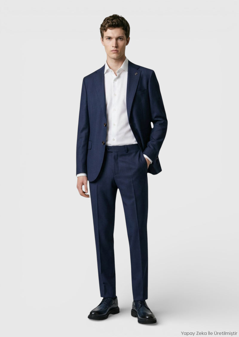 Lacivert Desenli Regular Fit %100 Yün Takım Elbise