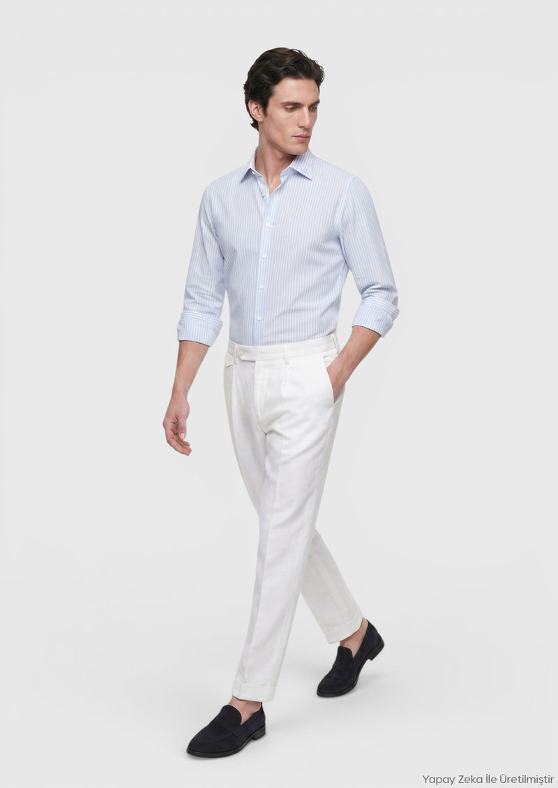 Mavi Çizgili Casual Fit Uzun Dokuma Casual Pamuk Karışımlı Gömlek