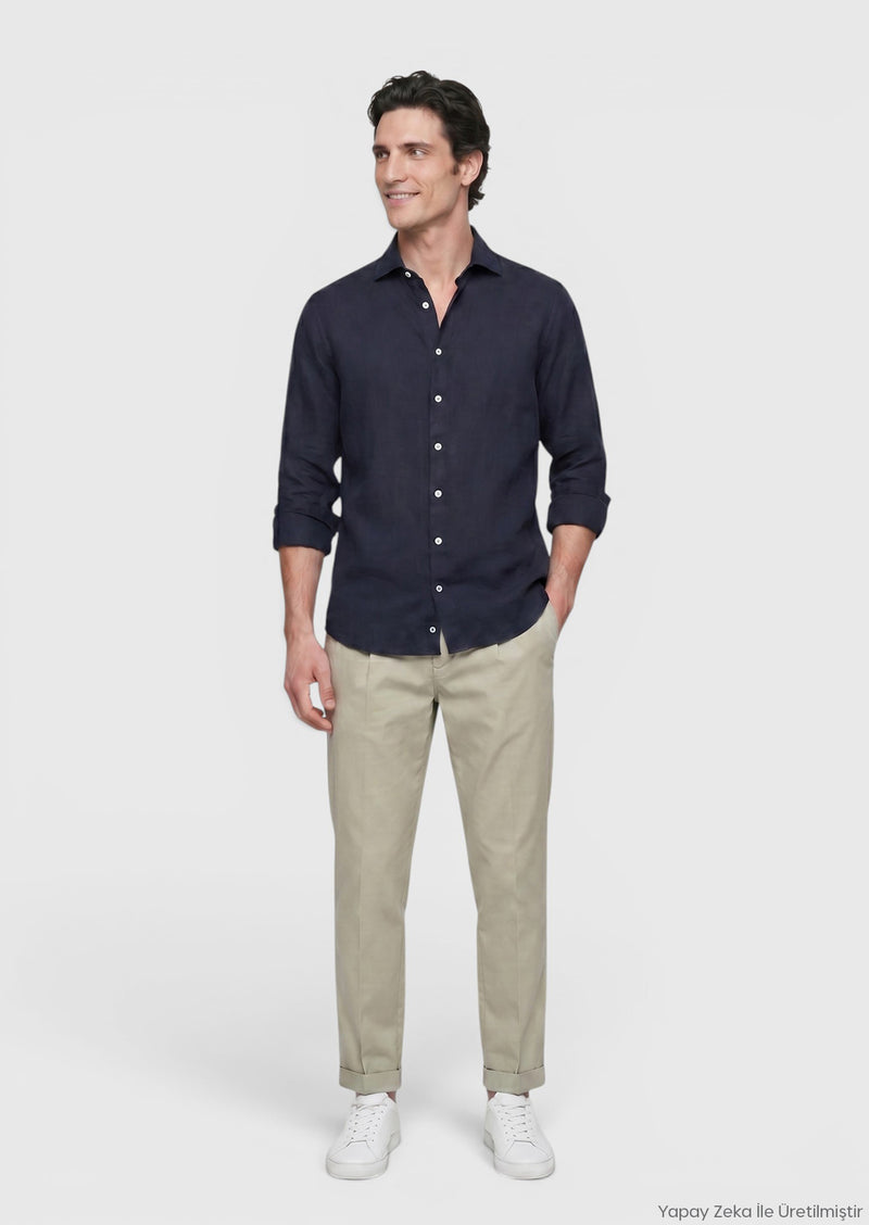 Lacivert Düz Casual Fit Uzun Dokuma Casual %100 Keten Gömlek