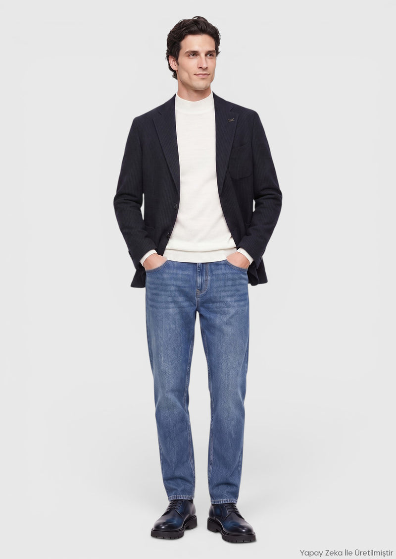 Lacivert Düz Shirt Shoulder Slim Fit Yün Karışımlı Örme Ceket