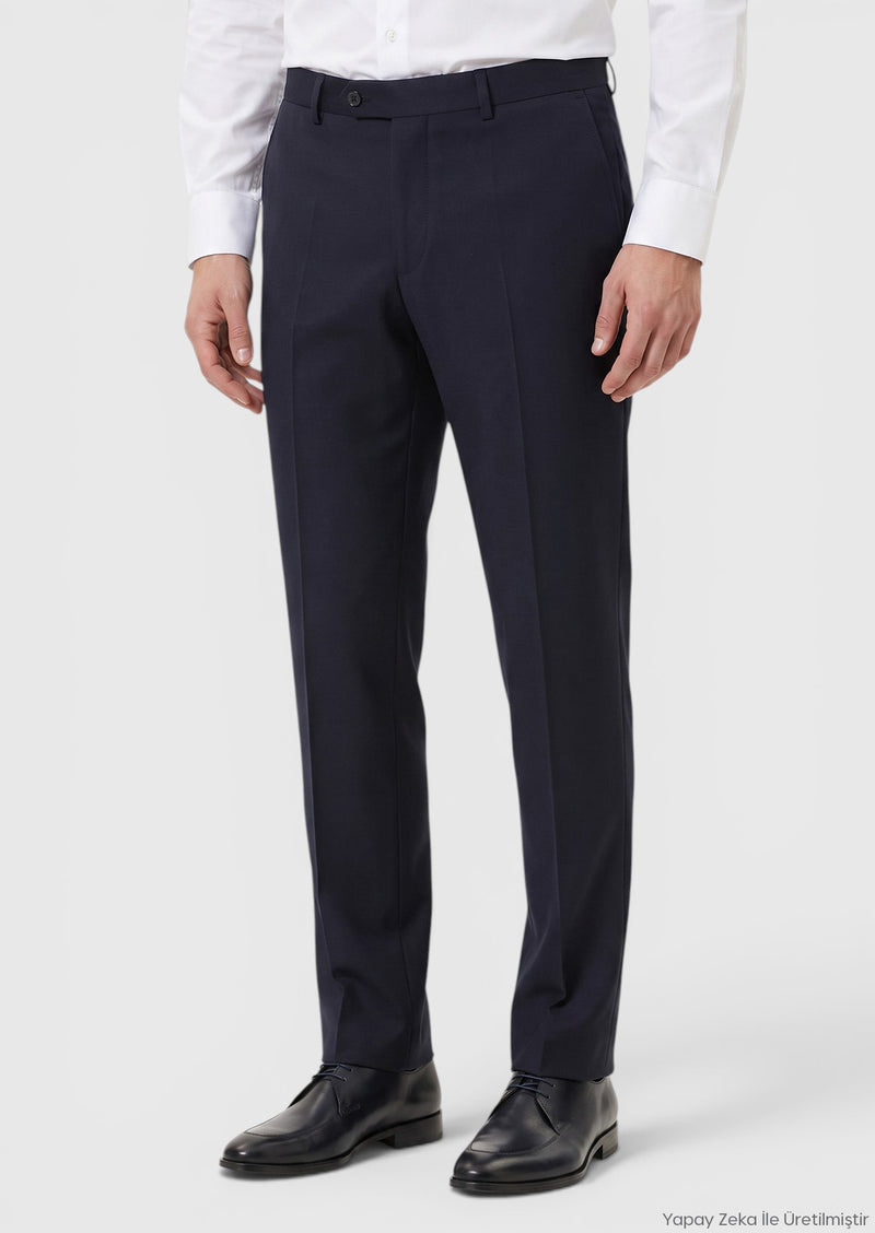 Lacivert Düz Dokuma Regular Fit Klasik Yün Karışımlı Pantolon