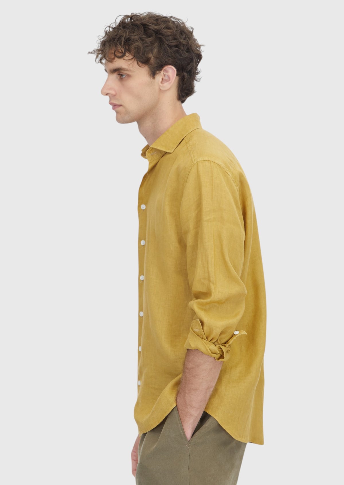 Yağ Yeşili Düz Casual Fit Uzun Dokuma Casual %100 Keten Gömlek