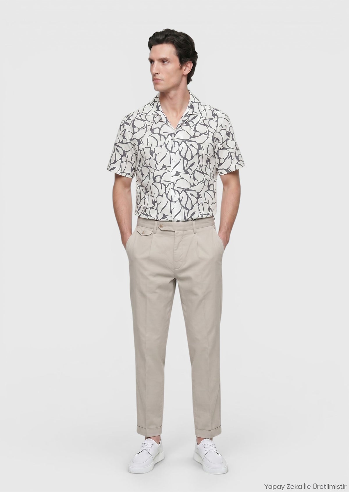 Ekru Baskılı Regular Fit Kısa Dokuma Casual %100 Pamuk Gömlek