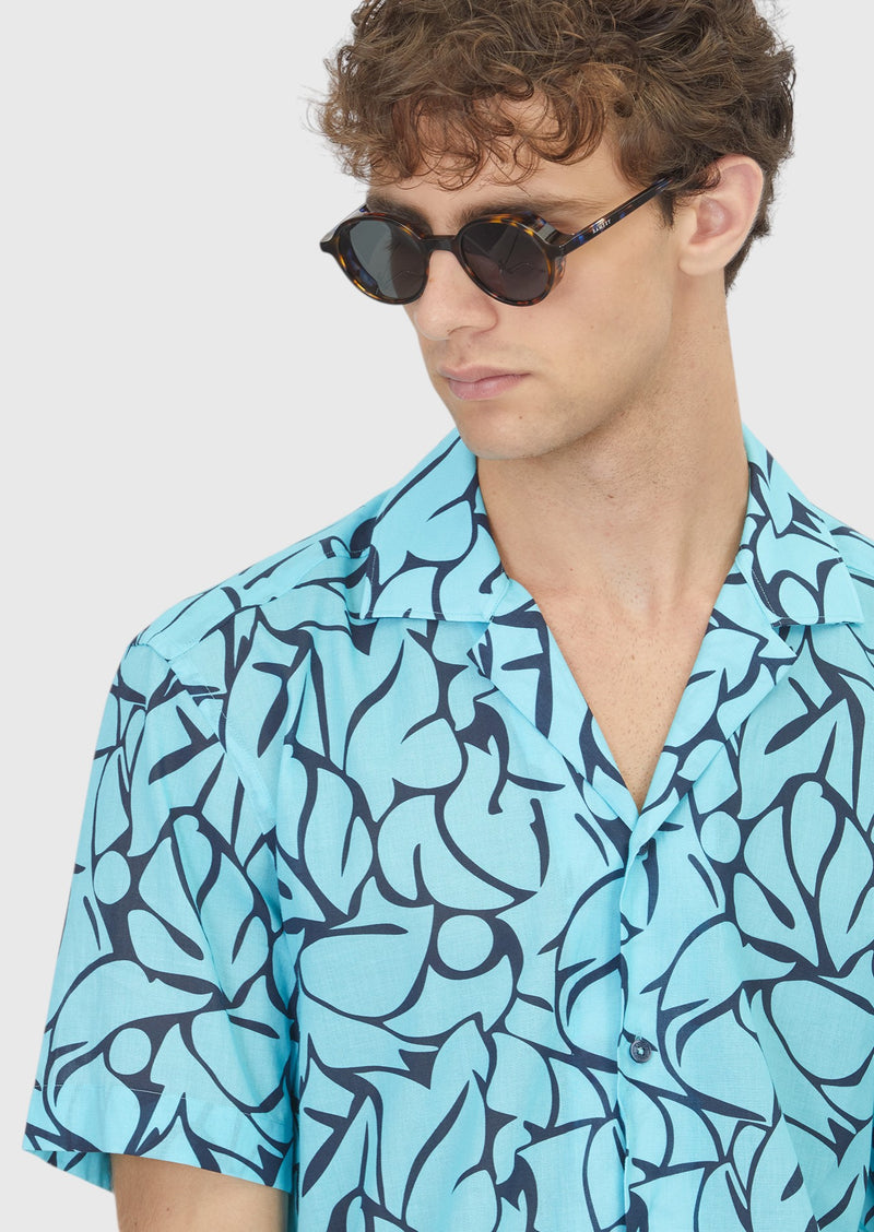 Turkuaz Baskılı Regular Fit Kısa Dokuma Casual %100 Pamuk Gömlek