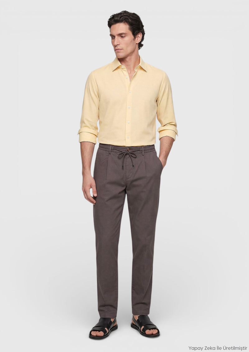 Açık Sarı Düz Casual Fit Uzun Dokuma Casual %100 Pamuk Gömlek