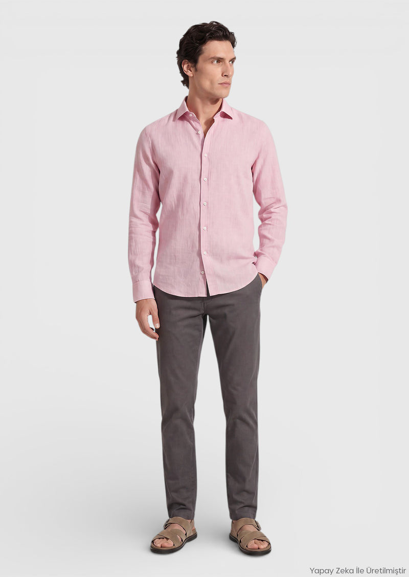 Pembe Düz Casual Fit Uzun Dokuma Casual %100 Pamuk Gömlek