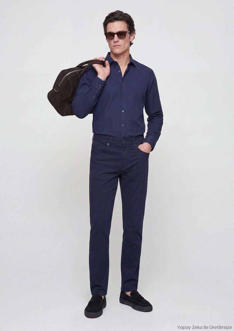 Lacivert Düz Casual Fit Uzun Dokuma Casual %100 Pamuk Gömlek