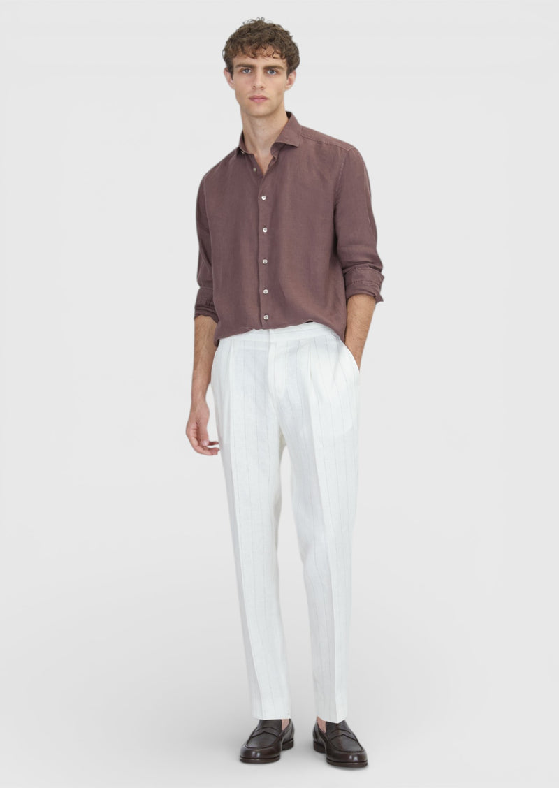 Mürdüm Düz Casual Fit Uzun Dokuma Casual %100 Keten Gömlek