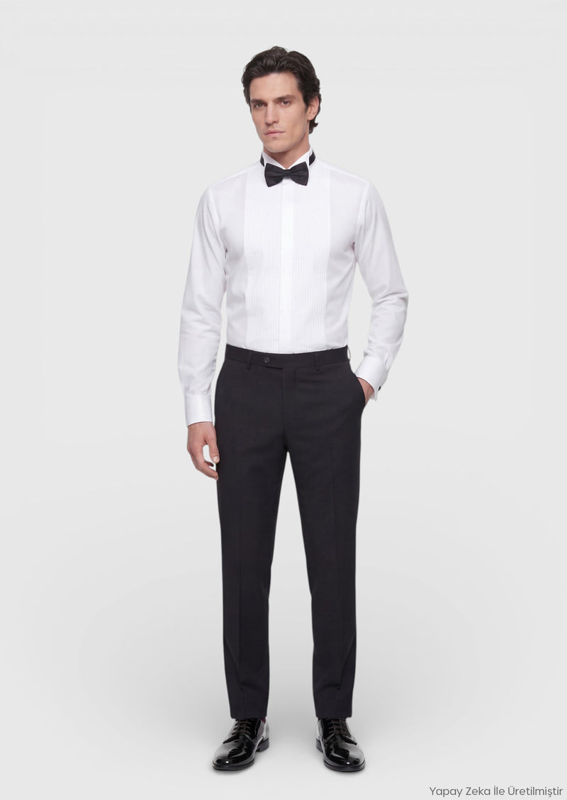 Beyaz Düz Slim Fit Duble Manşet Smokin Gömlek