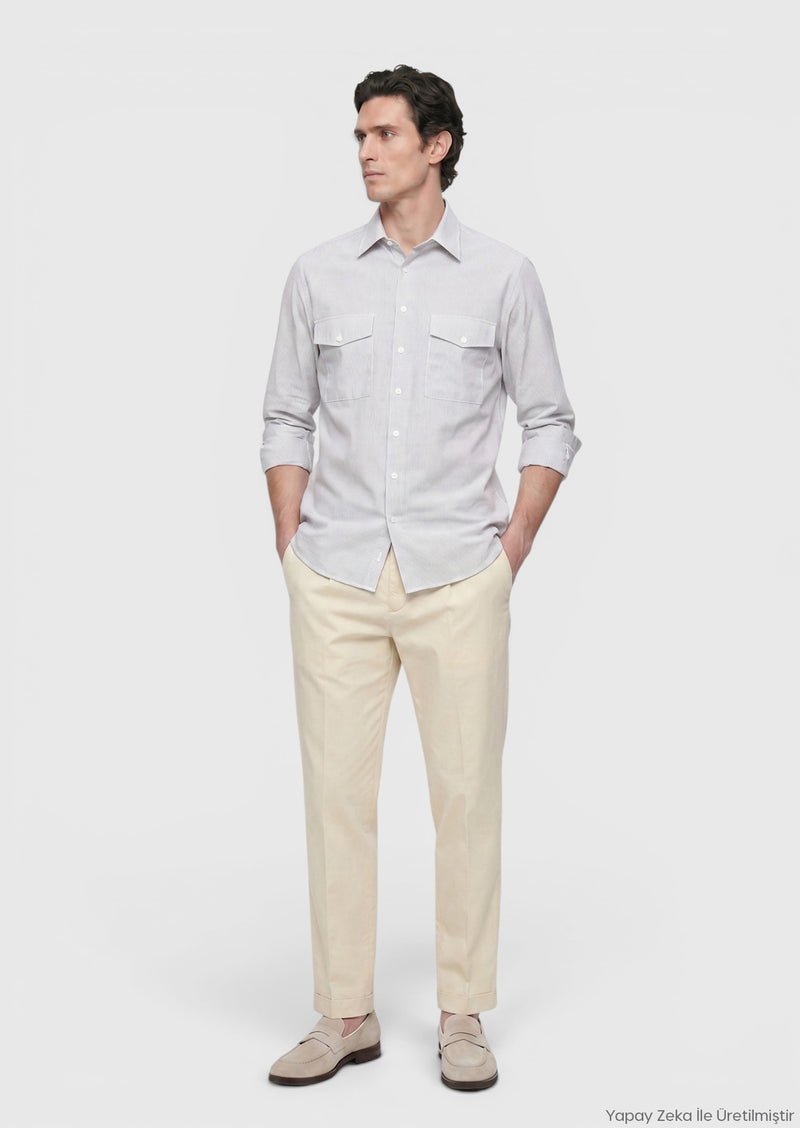 Açık Vizon Çizgili Regular Fit Uzun Dokuma Casual Gömlek