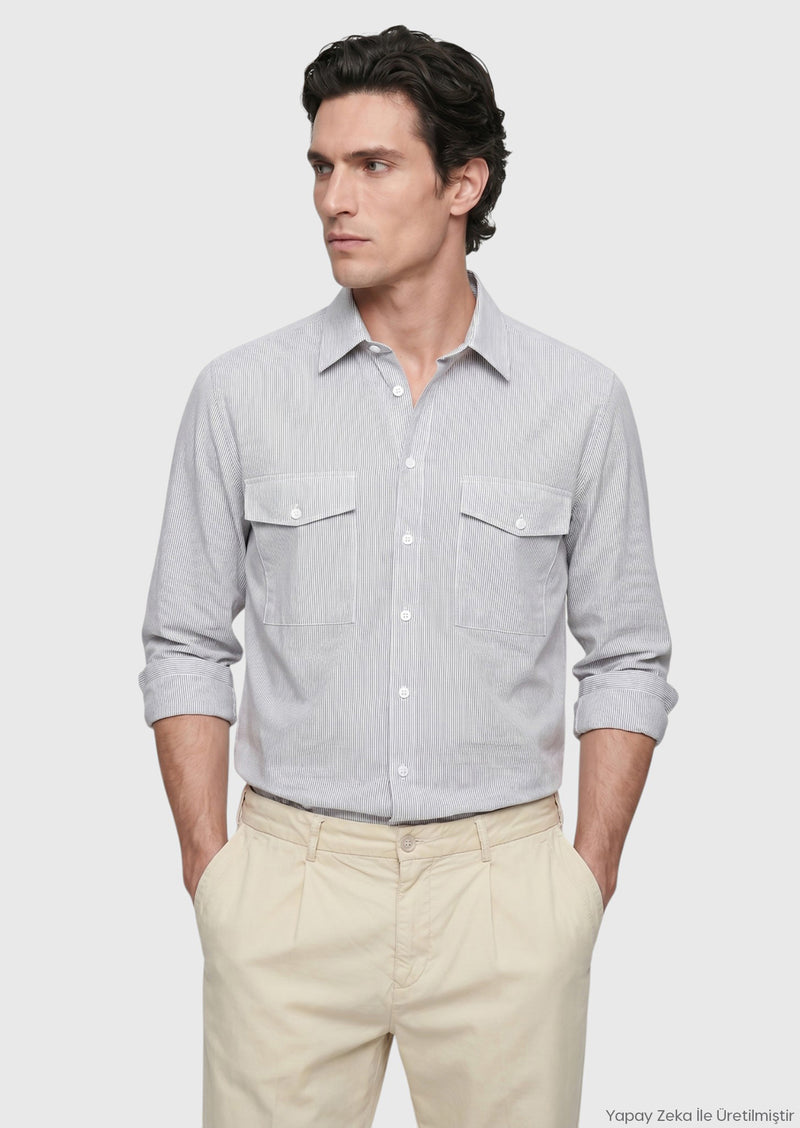 Açık Vizon Çizgili Regular Fit Uzun Dokuma Casual Gömlek