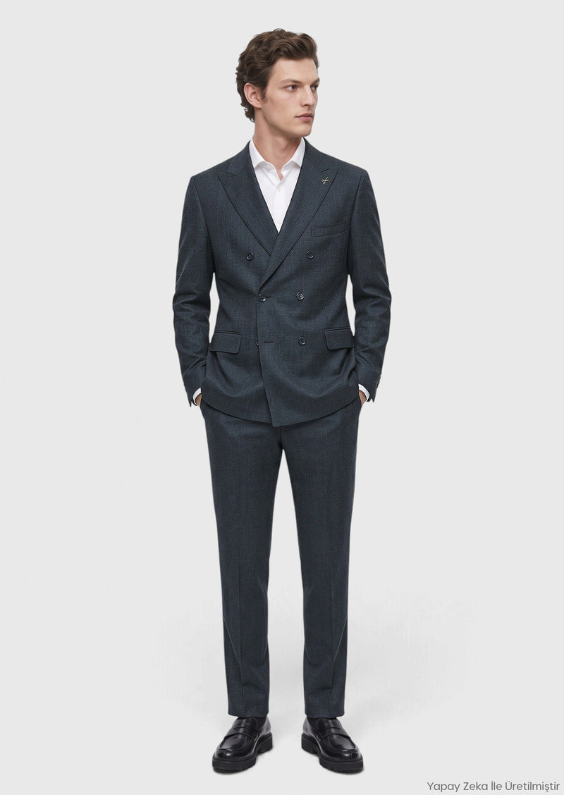 Yeşil Düz Zeroweight Slim Fit %100 Yün Takım Elbise