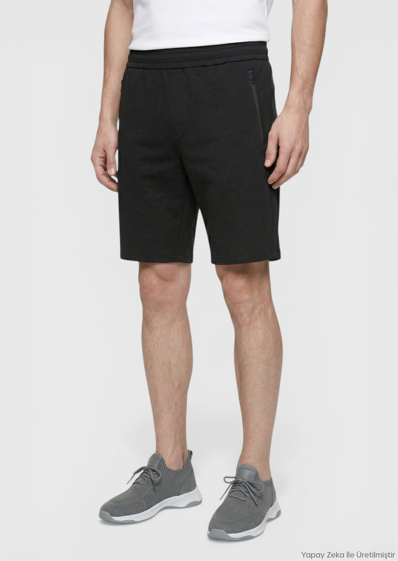 Siyah Düz Örme Regular Fit Casual Bermuda