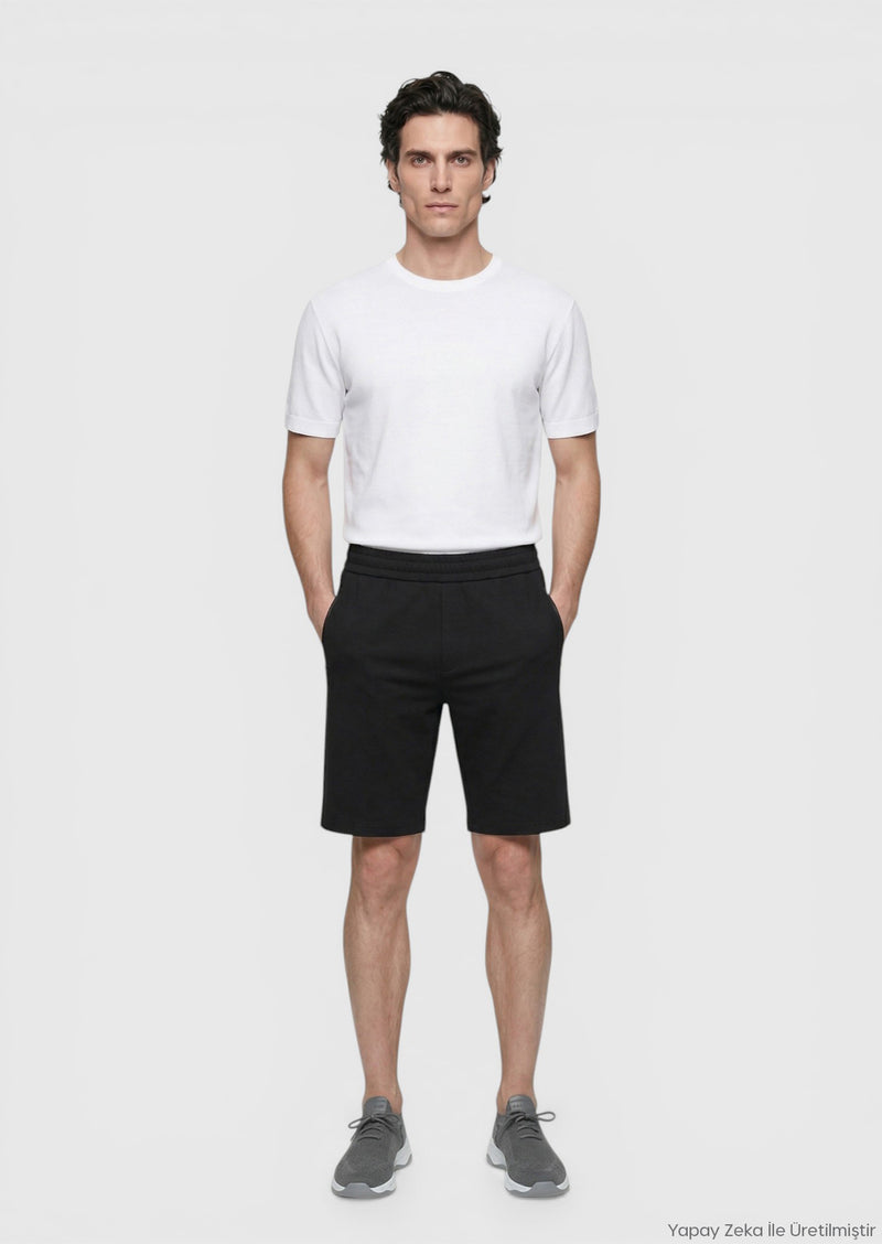 Siyah Düz Örme Regular Fit Casual Bermuda
