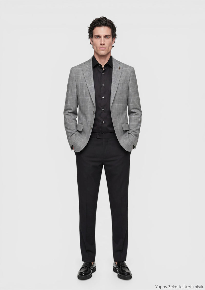 Gri Modern Fit İpek Karışımlı Ceket
