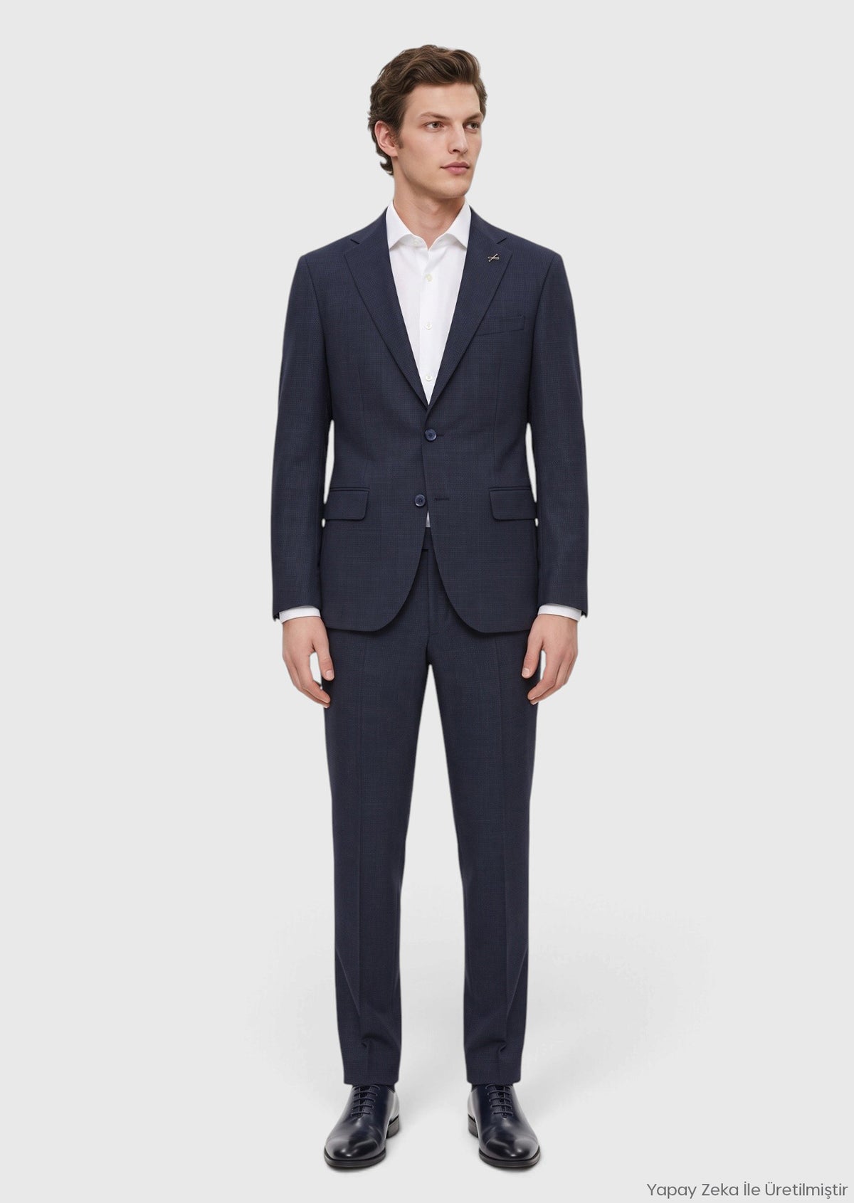 Lacivert Kareli Modern Fit Yün Karışımlı Takım Elbise