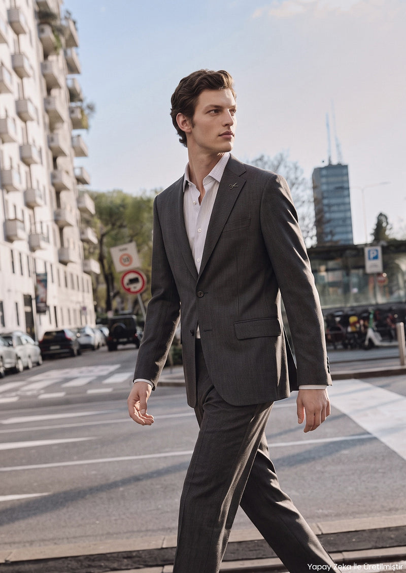Antrasit Çizgili Modern Fit Yün Karışımlı Takım Elbise