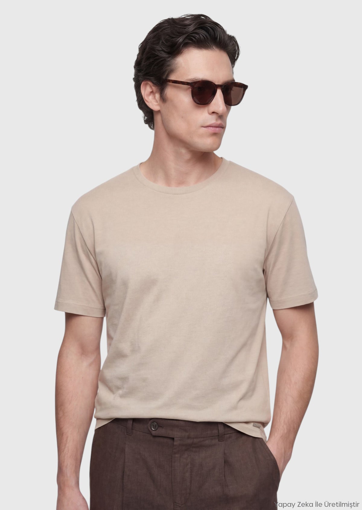 Bej Düz %100 Pamuk T-Shirt