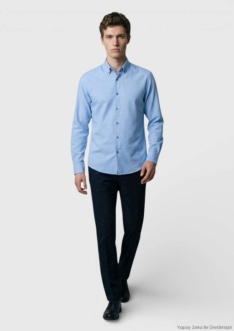 Mavi Düz Regular Fit Uzun Dokuma Casual %100 Pamuk Gömlek