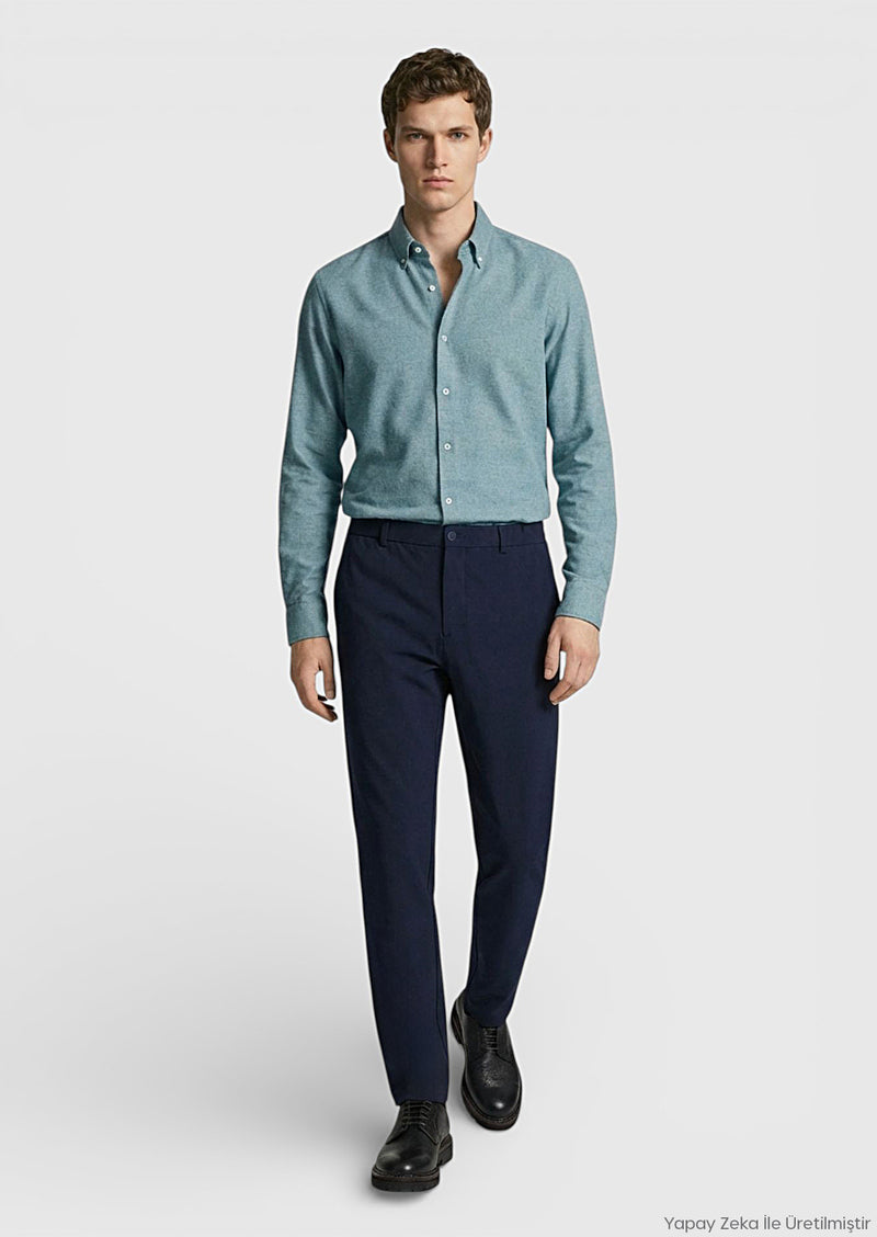 Yeşil Düz Regular Fit Uzun Dokuma Casual %100 Pamuk Gömlek