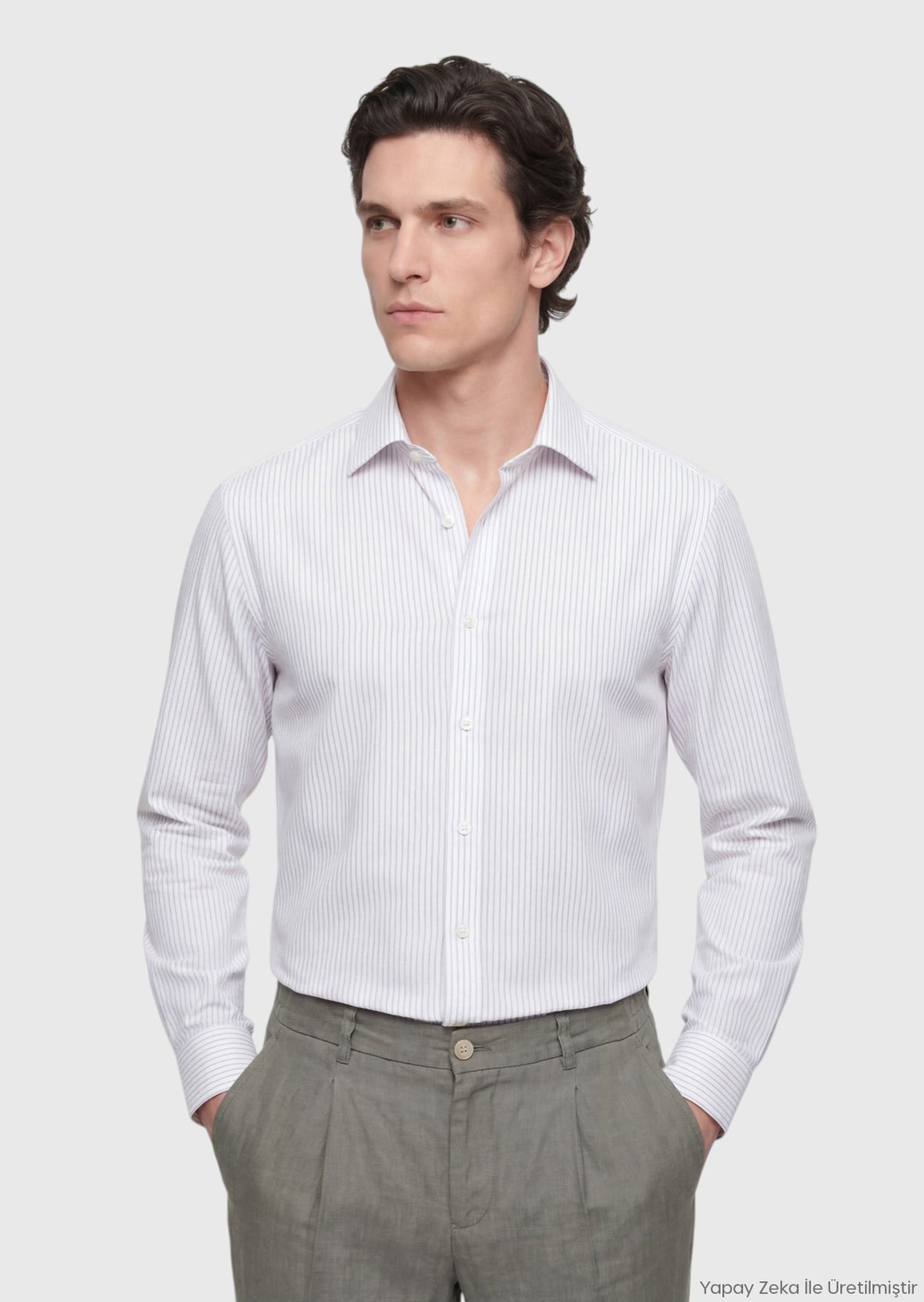 Ekru Çizgili Casual Fit Uzun Dokuma Casual Pamuk Karışımlı Gömlek