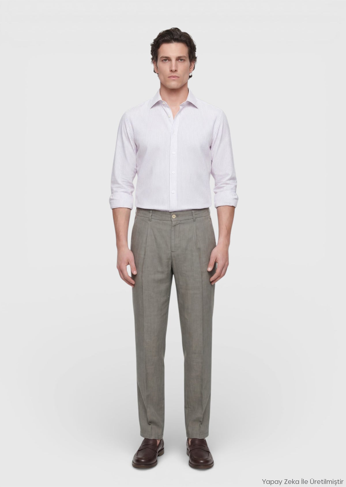 Ekru Çizgili Casual Fit Uzun Dokuma Casual Pamuk Karışımlı Gömlek