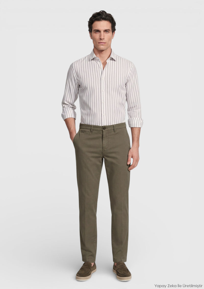 Gri Çizgili Regular Fit Uzun Dokuma Casual İpek Karışımlı Gömlek