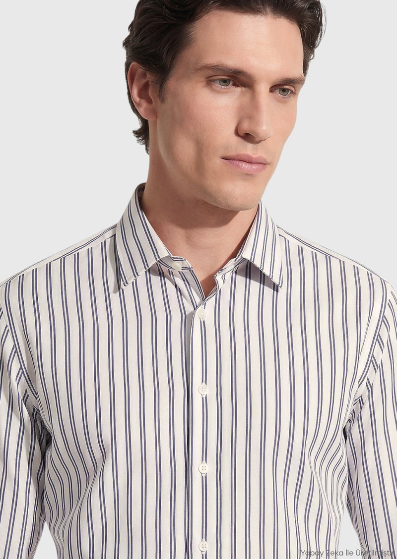 Siyah Çizgili Regular Fit Uzun Dokuma Casual İpek Karışımlı Gömlek