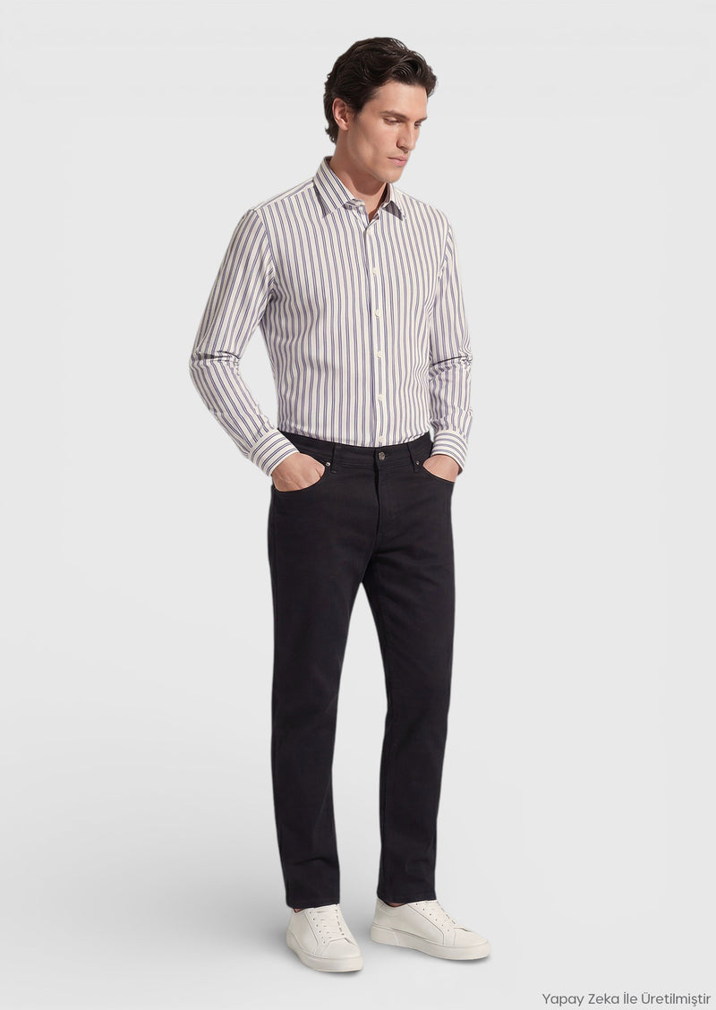 Siyah Çizgili Regular Fit Uzun Dokuma Casual İpek Karışımlı Gömlek